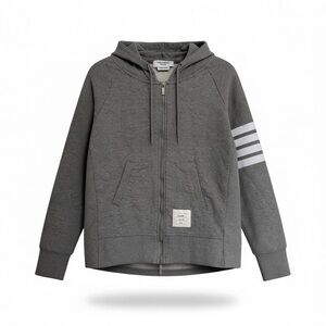 Thom Browne Gray Full-Zip Hooded Sweatshirt with White Sleeve Stripes